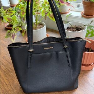 Michael Kors Black Leather Double-Handle Tote with Gold Hardware